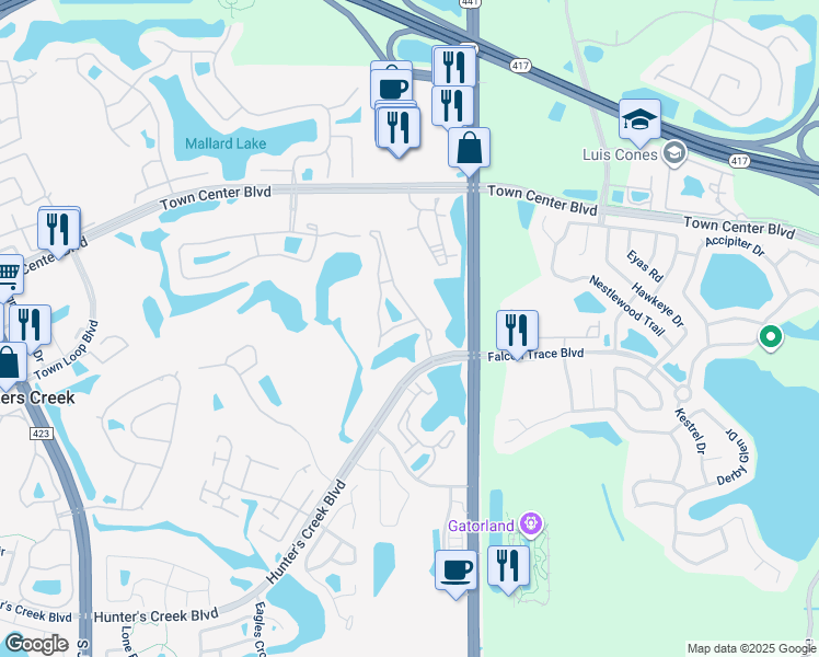 map of restaurants, bars, coffee shops, grocery stores, and more near 13803 Fairway Island Drive in Orlando