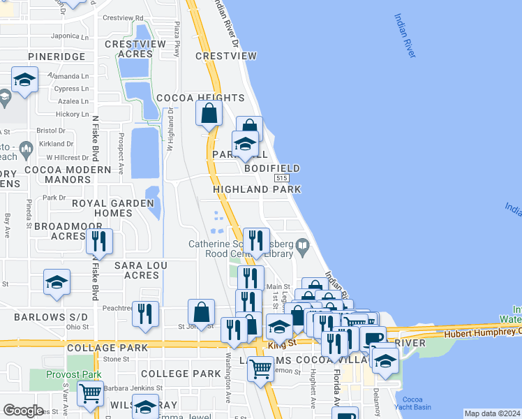 map of restaurants, bars, coffee shops, grocery stores, and more near 624 Forrest Avenue in Cocoa