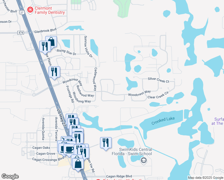 map of restaurants, bars, coffee shops, grocery stores, and more near 1316 Whitewood Way in Clermont