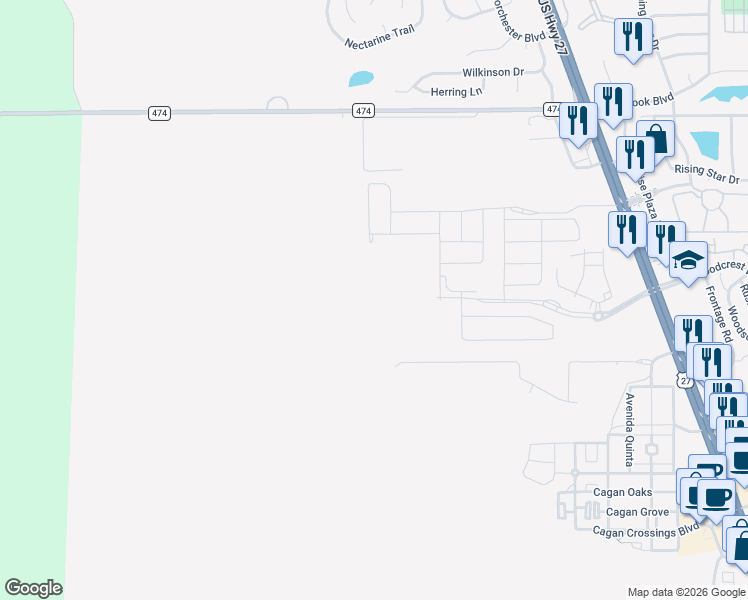 map of restaurants, bars, coffee shops, grocery stores, and more near 15744 County Road 474 in Clermont