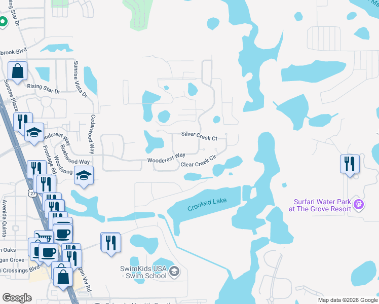 map of restaurants, bars, coffee shops, grocery stores, and more near 17325 Woodcrest Way in Clermont