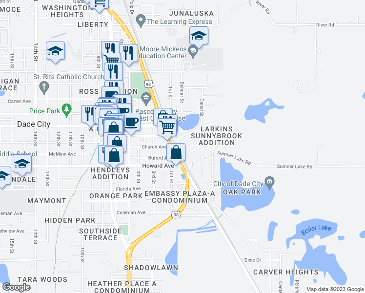 map of restaurants, bars, coffee shops, grocery stores, and more near 14052 Railroad Avenue in Dade City