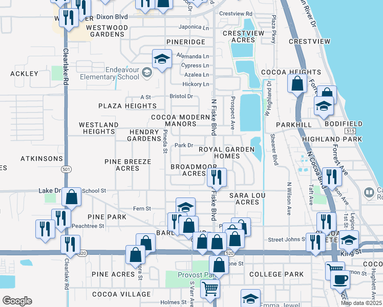 map of restaurants, bars, coffee shops, grocery stores, and more near 1061 Park Drive in Cocoa