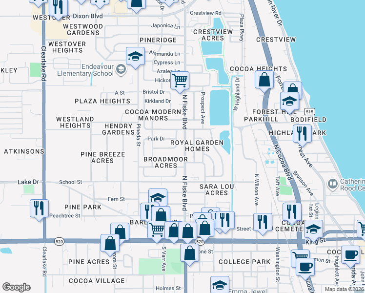map of restaurants, bars, coffee shops, grocery stores, and more near 513 North Kentucky Avenue in Cocoa