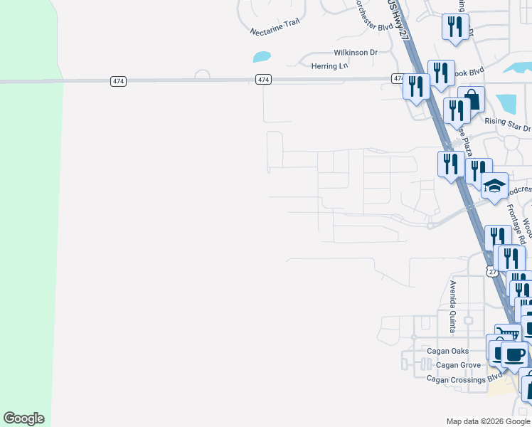 map of restaurants, bars, coffee shops, grocery stores, and more near 15744 County Road 474 in Clermont