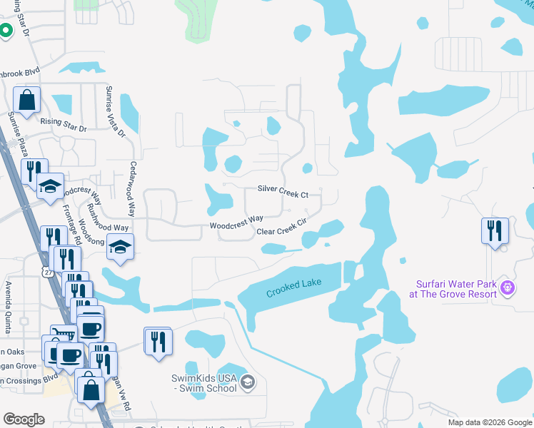 map of restaurants, bars, coffee shops, grocery stores, and more near 17325 Woodcrest Way in Clermont