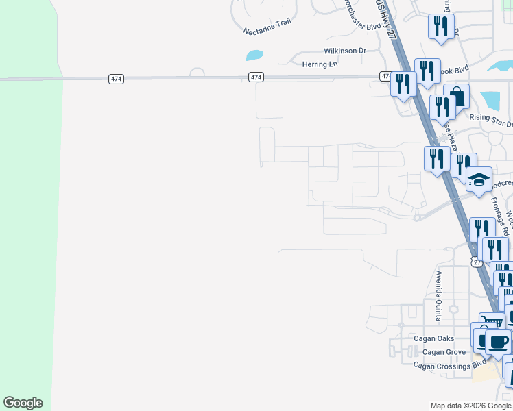map of restaurants, bars, coffee shops, grocery stores, and more near 15744 County Road 474 in Clermont