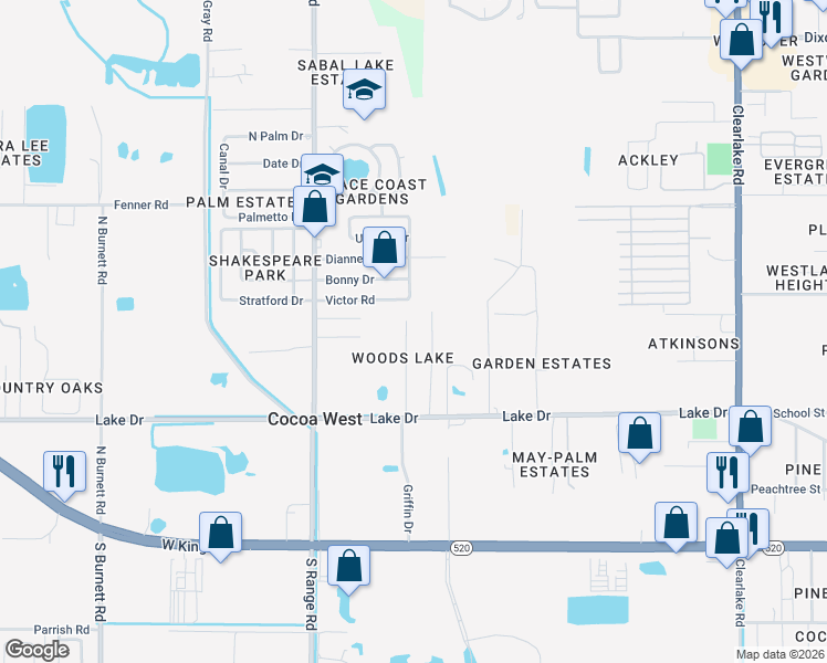map of restaurants, bars, coffee shops, grocery stores, and more near 361 Woods Lake Drive in Cocoa
