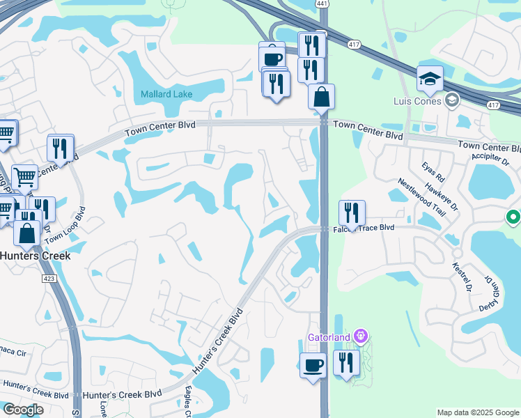 map of restaurants, bars, coffee shops, grocery stores, and more near 13838 Fairway Island Drive in Orlando