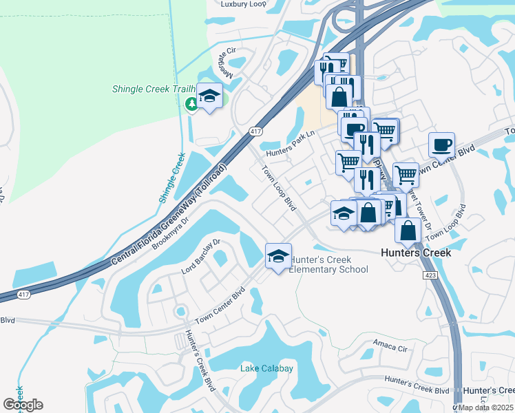 map of restaurants, bars, coffee shops, grocery stores, and more near 13793 Huntwick Drive in Orlando