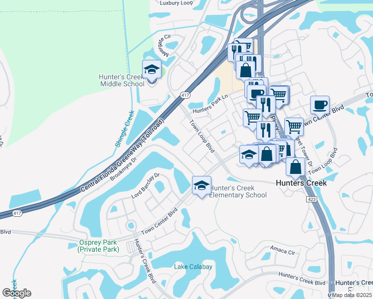 map of restaurants, bars, coffee shops, grocery stores, and more near 13793 Huntwick Drive in Orlando