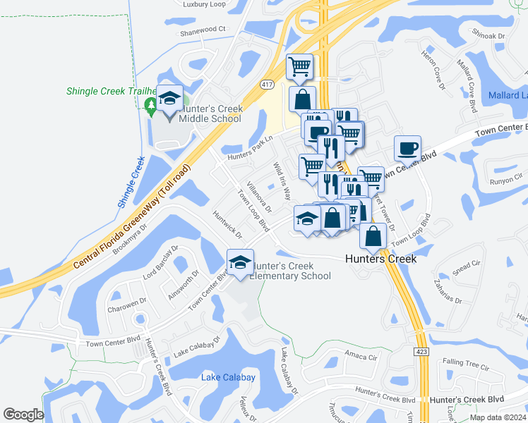 map of restaurants, bars, coffee shops, grocery stores, and more near 12016 Villanova Drive in Orlando
