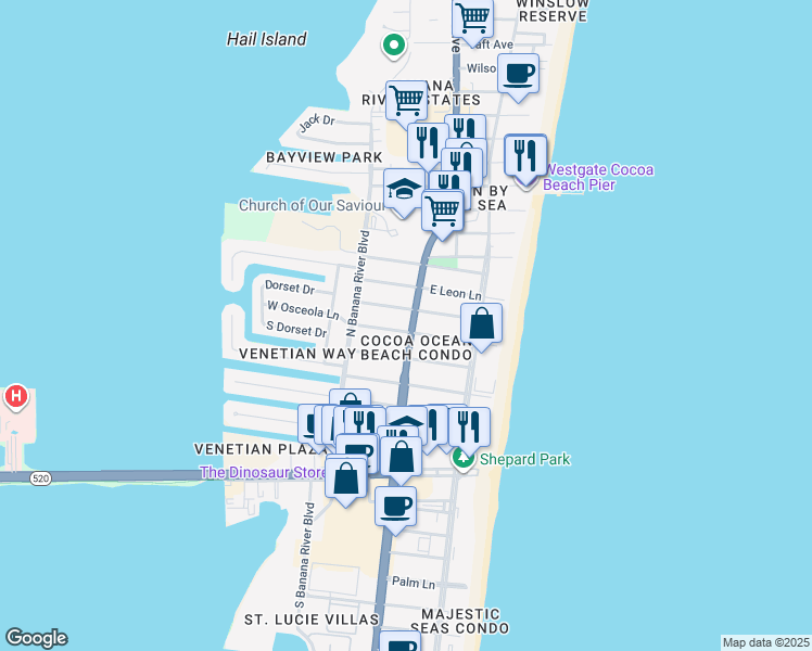 map of restaurants, bars, coffee shops, grocery stores, and more near 105 East Pasco Lane in Cocoa Beach