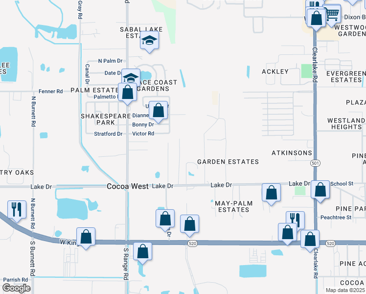 map of restaurants, bars, coffee shops, grocery stores, and more near 453 Country Lane Drive in Cocoa