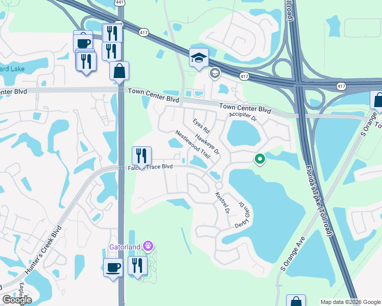 map of restaurants, bars, coffee shops, grocery stores, and more near 13726 Ridge Top Road in Orlando