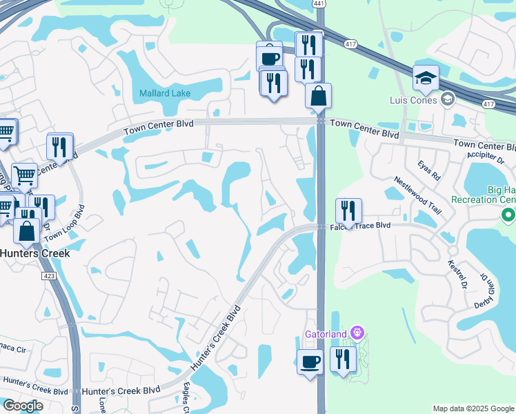 map of restaurants, bars, coffee shops, grocery stores, and more near 13838 Fairway Island Drive in Orlando