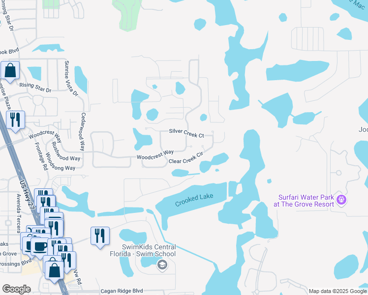 map of restaurants, bars, coffee shops, grocery stores, and more near 17347 Woodcrest Way in Clermont