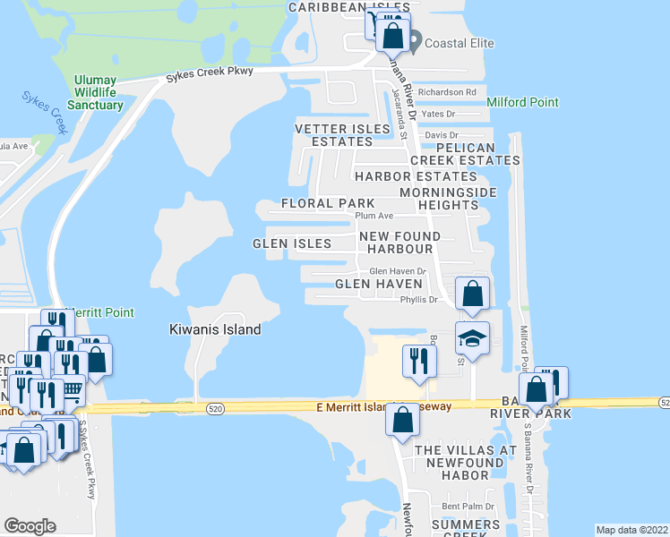 map of restaurants, bars, coffee shops, grocery stores, and more near 1418 Glen Haven Drive in Merritt Island