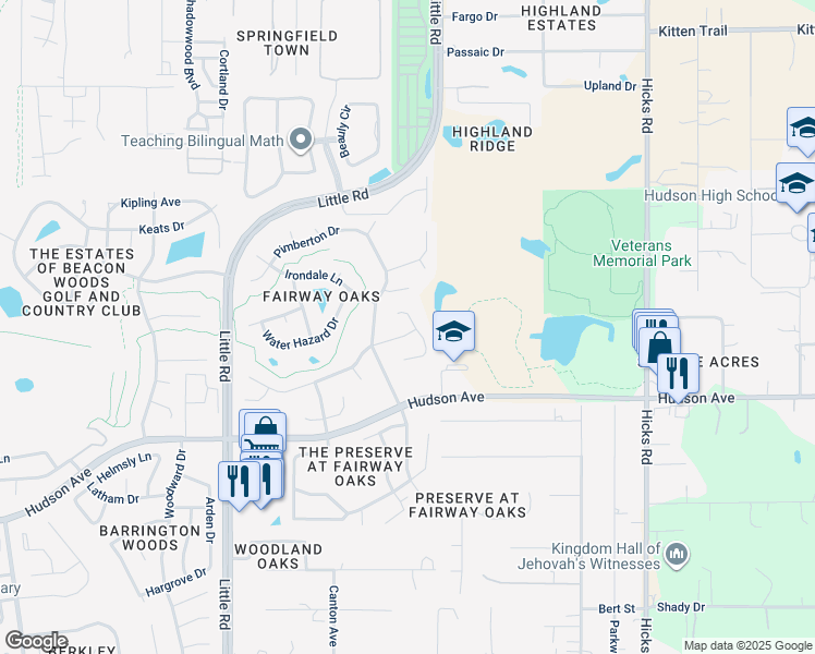 map of restaurants, bars, coffee shops, grocery stores, and more near 9419 Tournament Drive in Hudson