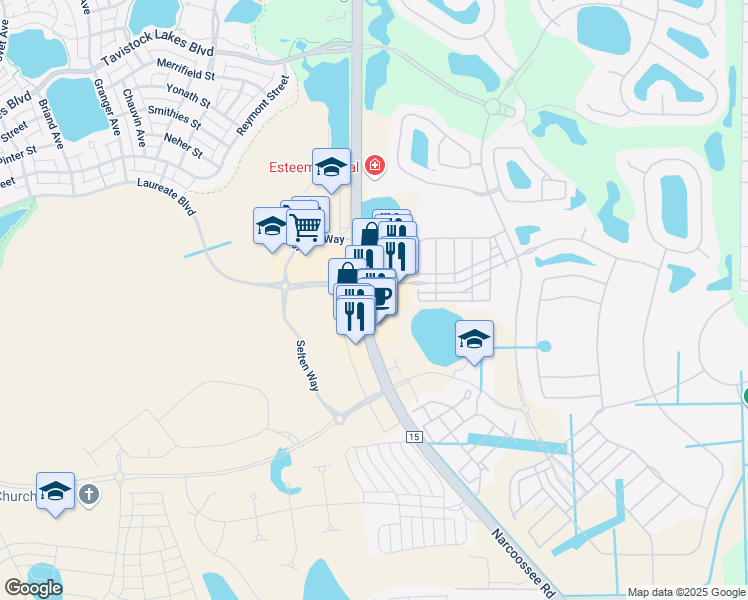 map of restaurants, bars, coffee shops, grocery stores, and more near 14001 Narcoossee Road in Orlando