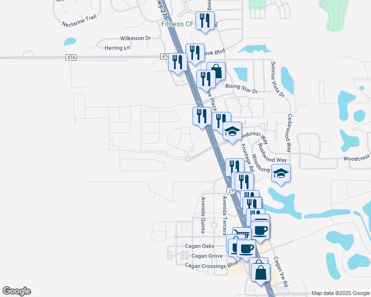 map of restaurants, bars, coffee shops, grocery stores, and more near 1213 US Highway 27 in Clermont