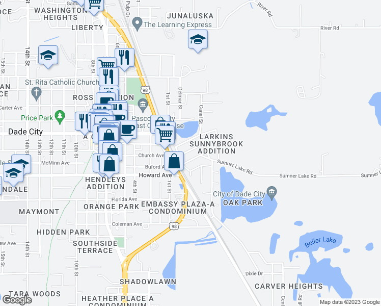 map of restaurants, bars, coffee shops, grocery stores, and more near 38312 Hampton Avenue in Dade City