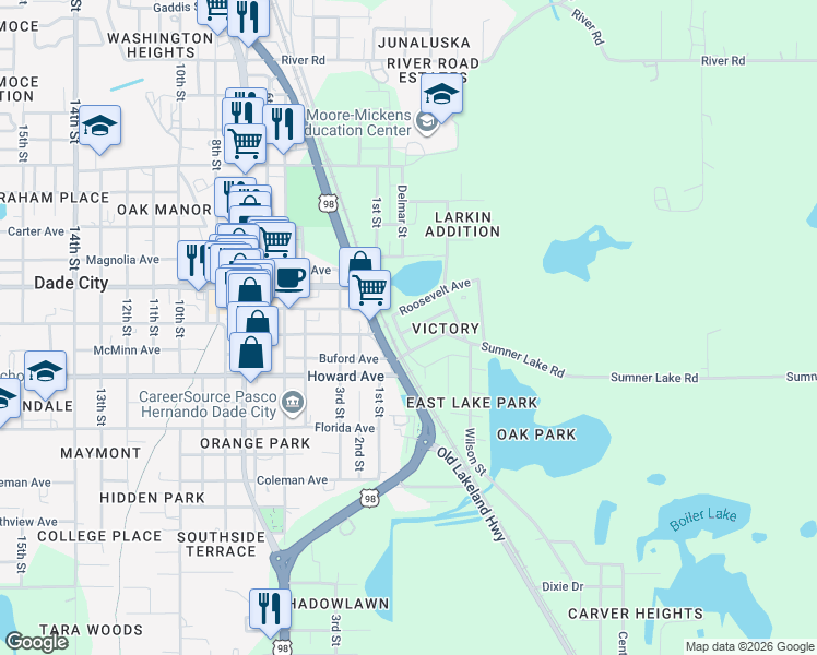 map of restaurants, bars, coffee shops, grocery stores, and more near 38253 Hampton Avenue in Dade City
