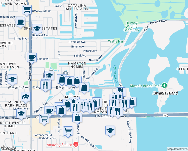 map of restaurants, bars, coffee shops, grocery stores, and more near 796 Audubon Road in Merritt Island