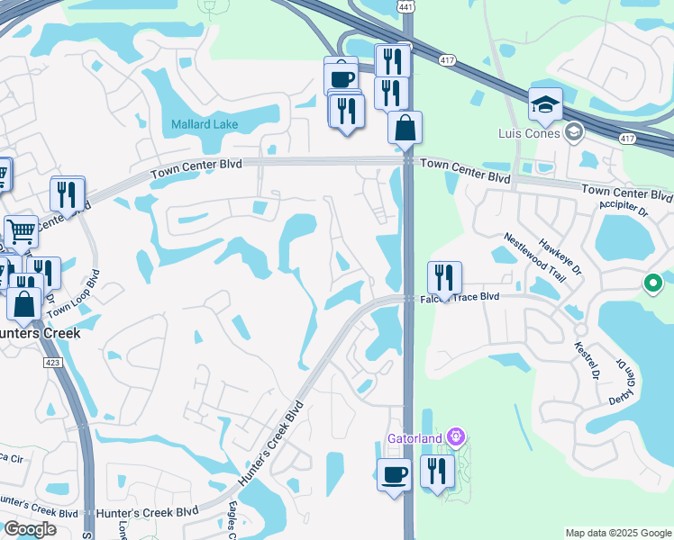 map of restaurants, bars, coffee shops, grocery stores, and more near 13838 Fairway Island Drive in Orlando
