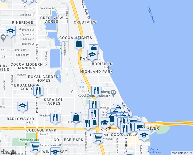 map of restaurants, bars, coffee shops, grocery stores, and more near 112 Olive Street in Cocoa