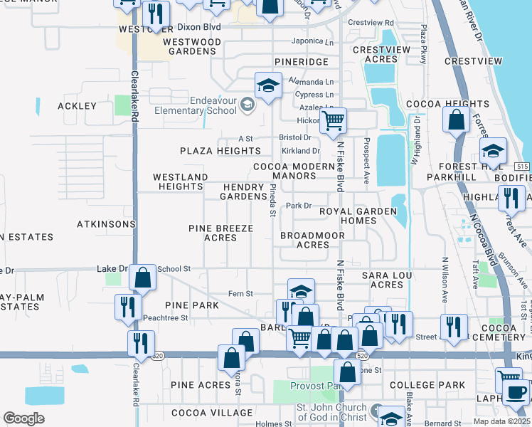 map of restaurants, bars, coffee shops, grocery stores, and more near 1200 Allen Street in Cocoa