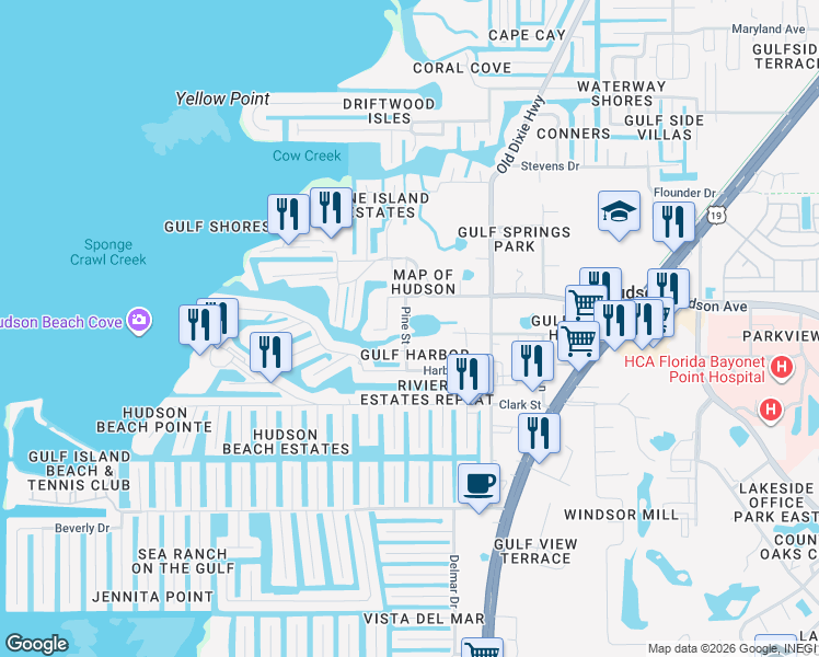 map of restaurants, bars, coffee shops, grocery stores, and more near 14203 Pine Street in Hudson