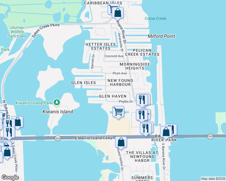 map of restaurants, bars, coffee shops, grocery stores, and more near 1465 Anchor Lane in Merritt Island