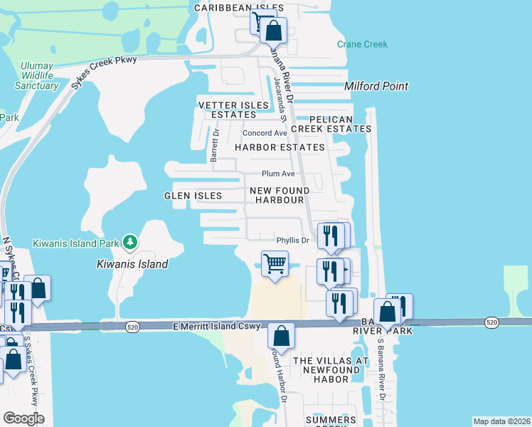map of restaurants, bars, coffee shops, grocery stores, and more near 1545 Anchor Lane in Merritt Island