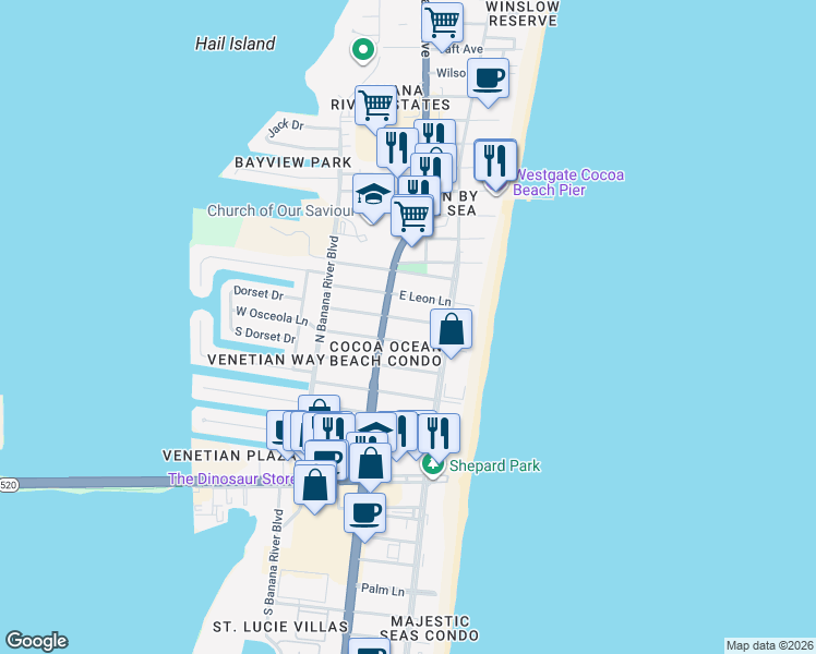 map of restaurants, bars, coffee shops, grocery stores, and more near 121 East Pasco Lane in Cocoa Beach