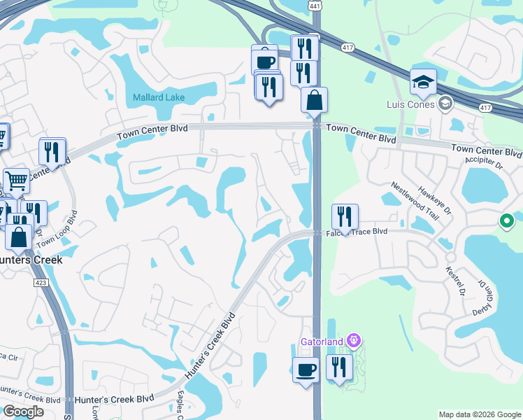 map of restaurants, bars, coffee shops, grocery stores, and more near 13838 Fairway Island Drive in Orlando