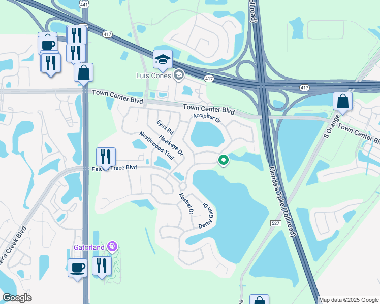 map of restaurants, bars, coffee shops, grocery stores, and more near 12467 Accipiter Drive in Orlando