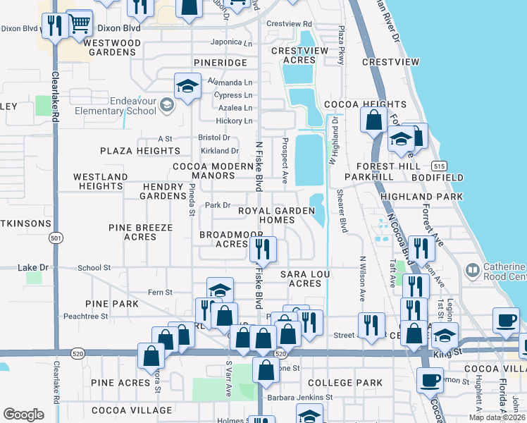 map of restaurants, bars, coffee shops, grocery stores, and more near 419 Thomas Avenue in Cocoa