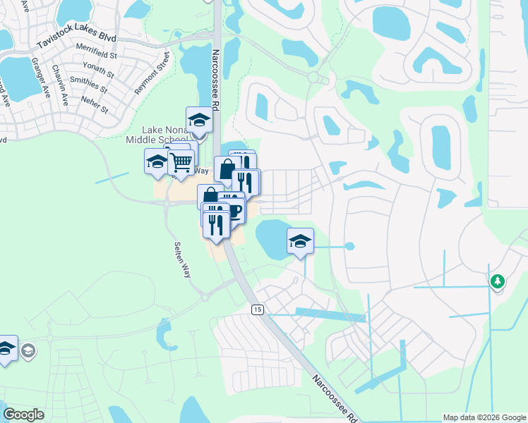 map of restaurants, bars, coffee shops, grocery stores, and more near 9938 Eagle Creek Center Boulevard in Orlando