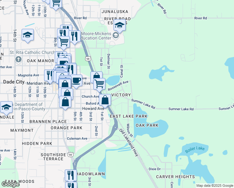 map of restaurants, bars, coffee shops, grocery stores, and more near 38318 Hampton Avenue in Dade City