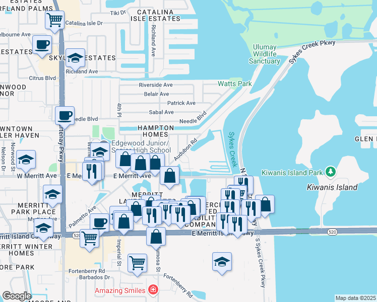 map of restaurants, bars, coffee shops, grocery stores, and more near 796 Audubon Road in Merritt Island