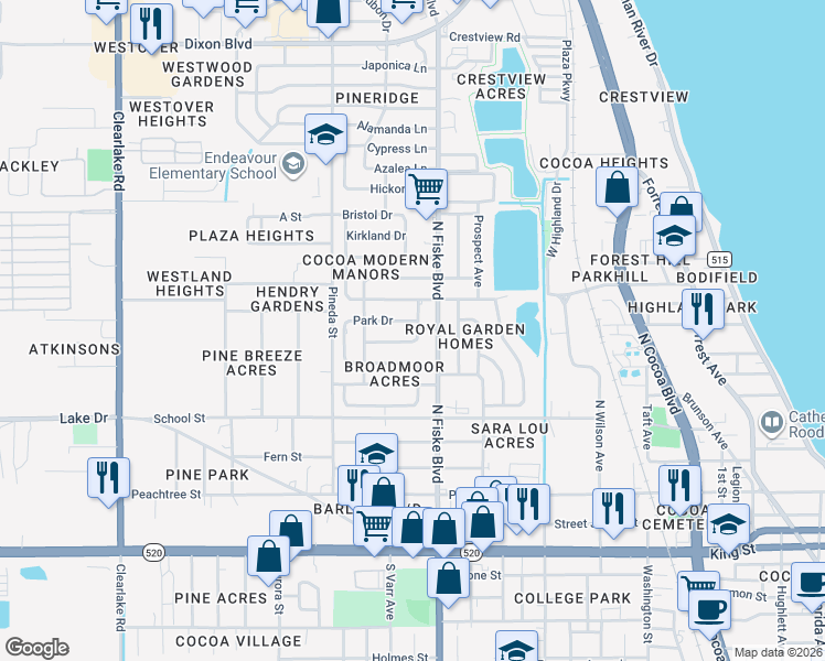map of restaurants, bars, coffee shops, grocery stores, and more near 513 North Kentucky Avenue in Cocoa
