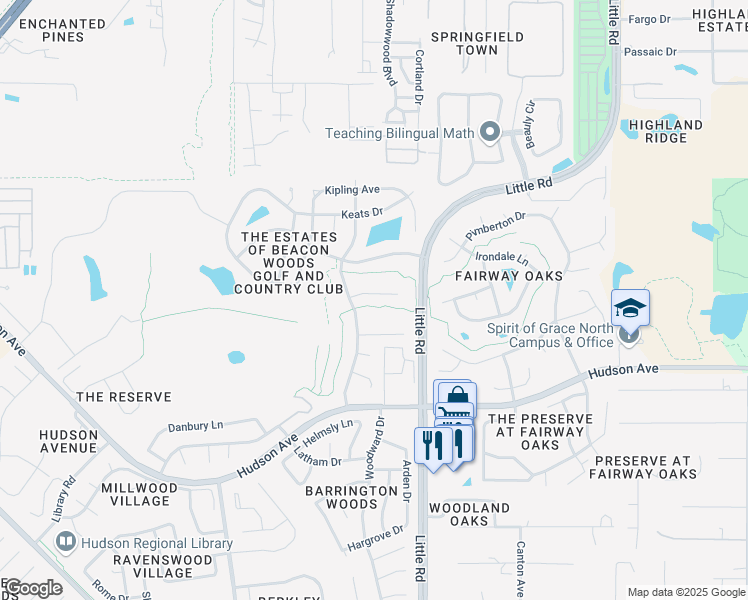 map of restaurants, bars, coffee shops, grocery stores, and more near 8844 Kilmer Way in Hudson