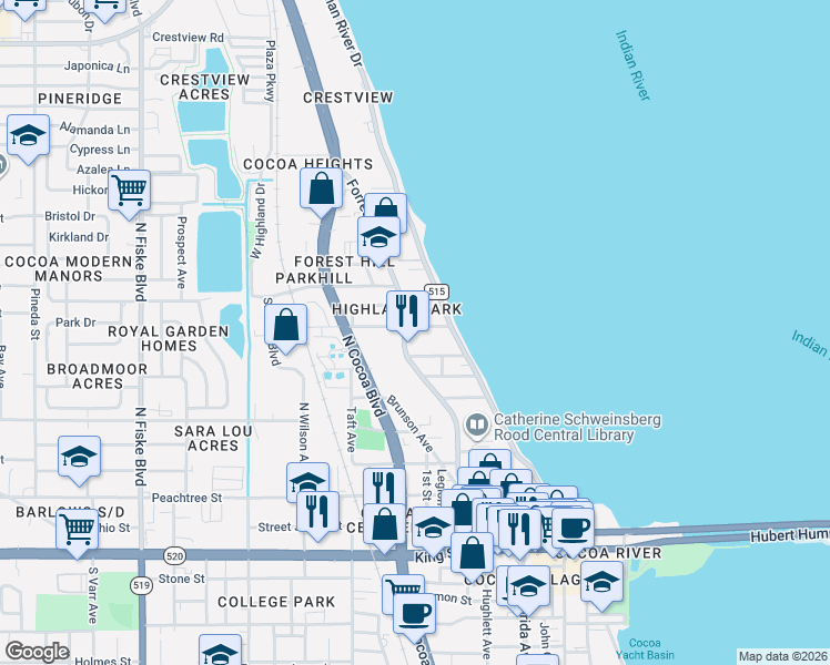 map of restaurants, bars, coffee shops, grocery stores, and more near 16 Olive Street in Cocoa