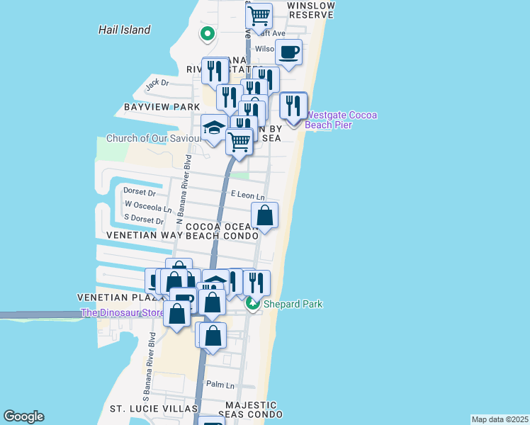 map of restaurants, bars, coffee shops, grocery stores, and more near 4850 Ocean Beach Boulevard in Cocoa Beach