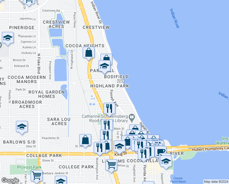 map of restaurants, bars, coffee shops, grocery stores, and more near 16 Olive Street in Cocoa