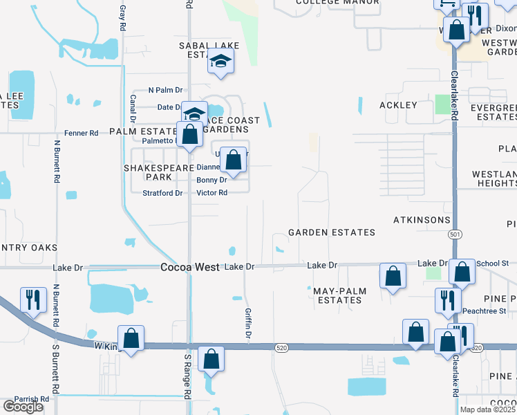 map of restaurants, bars, coffee shops, grocery stores, and more near 361 Woods Lake Drive in Cocoa