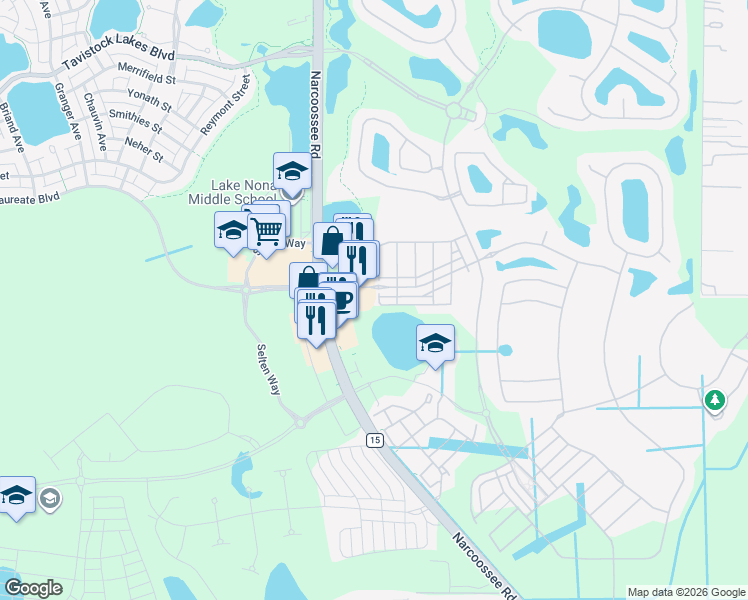 map of restaurants, bars, coffee shops, grocery stores, and more near 9938 Eagle Creek Center Boulevard in Orlando