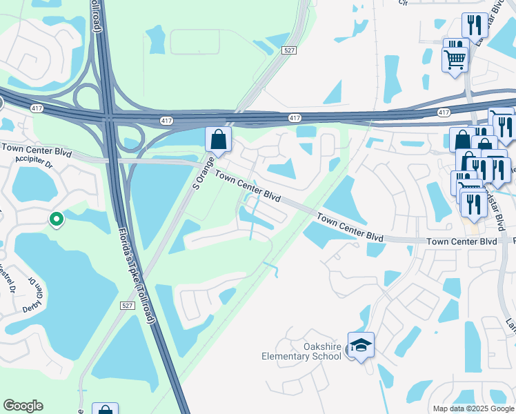 map of restaurants, bars, coffee shops, grocery stores, and more near 501 Cresting Oak Circle in Orlando