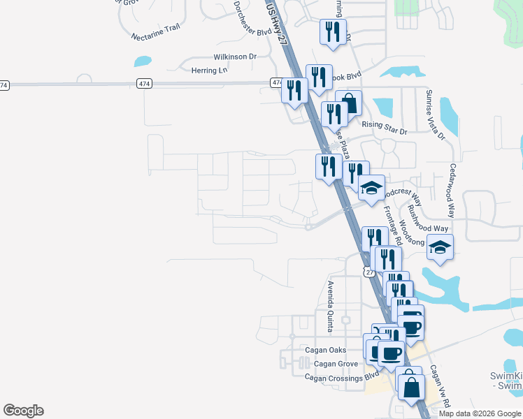 map of restaurants, bars, coffee shops, grocery stores, and more near 16521 Libra Street in Clermont